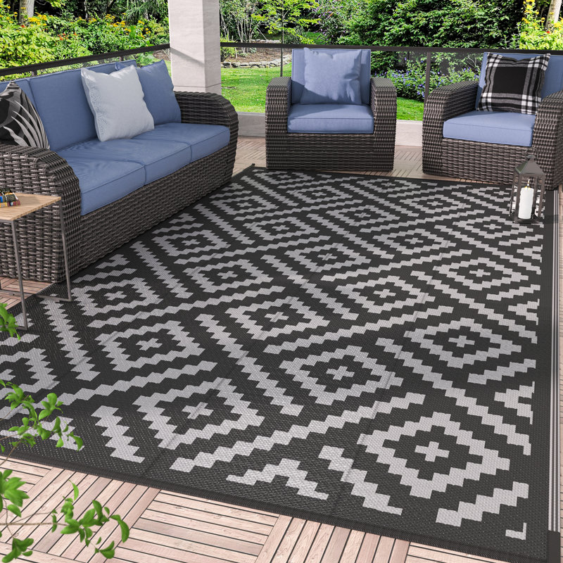 Shimeek Outdoor Mat for Patio Clearance, Waterproof Reversible Plastic Camping Rugs,Black & Gray, Rectangle 6' x 9'