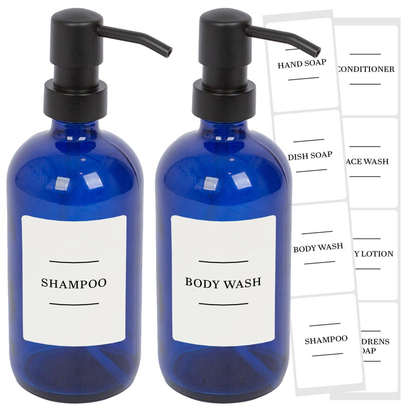 Glass Soap Dispensers with Labels - 500ml, Blue/White