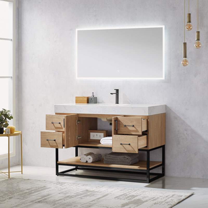 Alistair 48'' Single Bathroom Vanity with Engineered Stone Top, Matte Black, Natural Oak, White