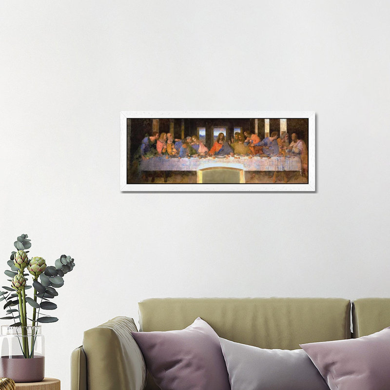 The Last Supper by Leonardo Da Vinci - Panoramic Painting on Canvas, 30.48 cm H x 91.44 cm W, White Framed