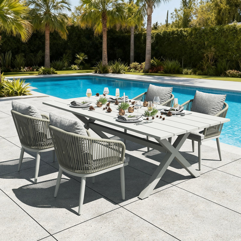 Ensemble de salle à manger d'extérieur en corde tressée 5 pièces avec table rectangulaire en aluminium et chaises modernes, 4