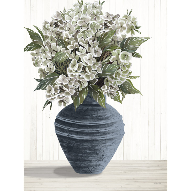 «Old World Hydrangeas» par Cindy Jacobs, H 48 po x l 36 po, Papier photo noyer encadré, Blanc