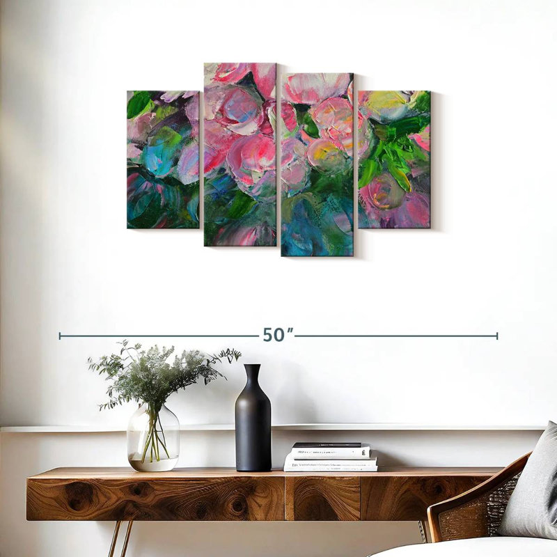 Ensemble de 4 pivoines abstraites sur toile, H 22 po x l 36 po x P 1 po