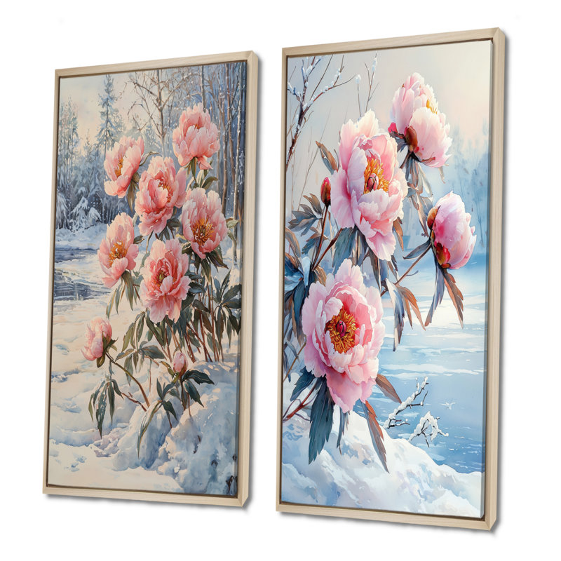 Pivoines près du lac gelé I - Collection d'art mural floral 2 pièces, H 32 po x l 33 po, Cadre crème crème