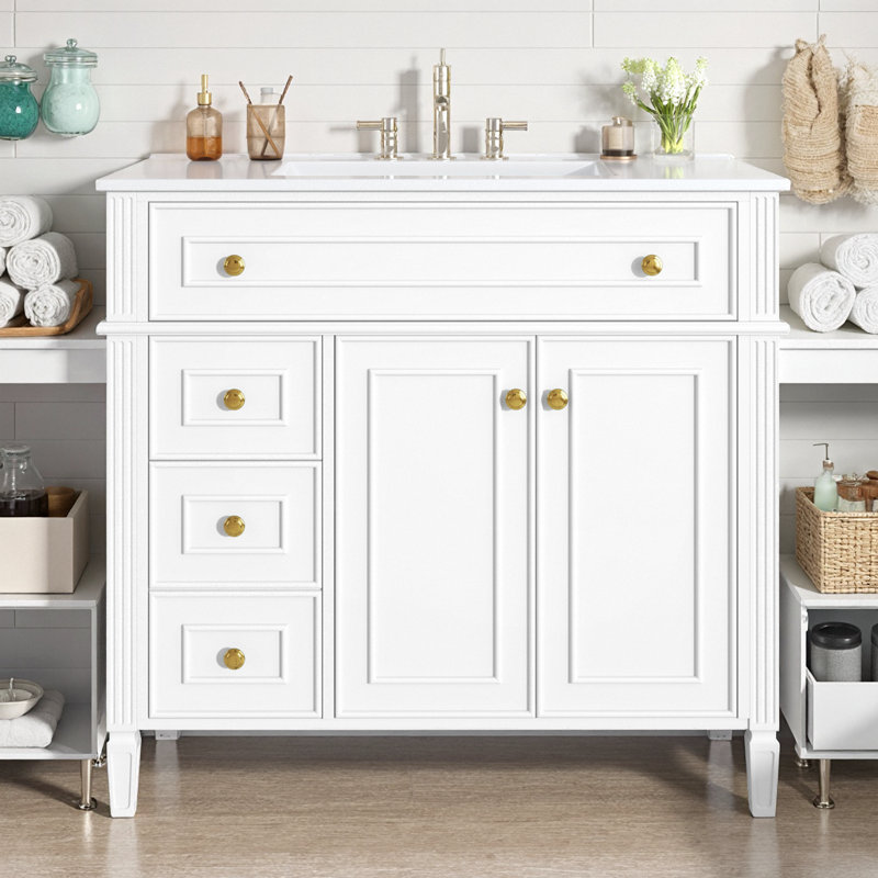 Meuble-lavabo de style spa de luxe avec lavabo 36 po, armoire verte avec tiroir rabattable, 2 portes à fermeture en douceur et poignées dorées, meuble-lavabo moderne en bois massif