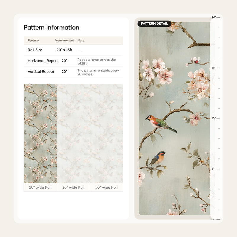 Papier peint décoratif cerisier rose avec oiseaux, Peler et coller