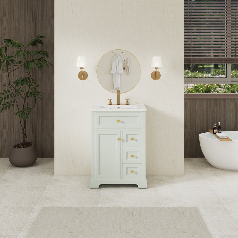 24'' Freestanding Single Sink Bathroom Vanity With Ceramic Top, Green