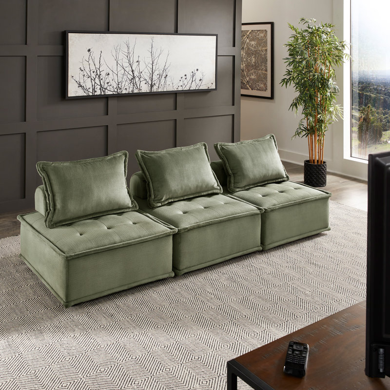 Thedford 3-Piece Velvet Tufted Modular Sofa with Pillow Back, Green