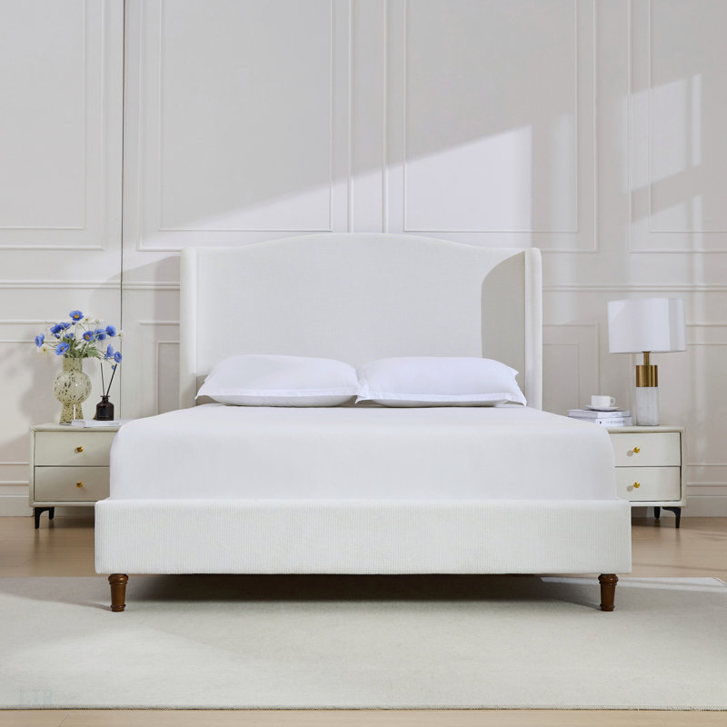 Très grand lit tapissier à oreilles Hannah / très grande tête de lit tapissier de 54 po Hannah / chenille blanc crème de qualité supérieure / motifs minimalistes / aucun sommier nécessaire / assemblage facile / très grand lit, base de lit
