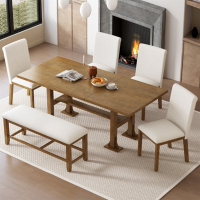 Farmhouse 76Inch 6-Piece Extendable Dining Table Set Trestle Kitchen Table Set With 18Inch Removable Leaf And Upholstered Dining Chair And Bench For Dining Room, Dark Brown