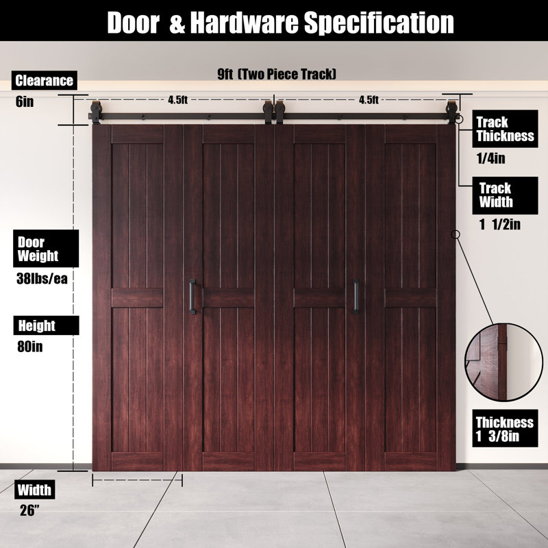 Porte de grange en acajou rouge non assemblée et finie de 80 po de hauteur, quatre portes de 26 po x 80 po avec quincaillerie de fixation supérieure pliable
