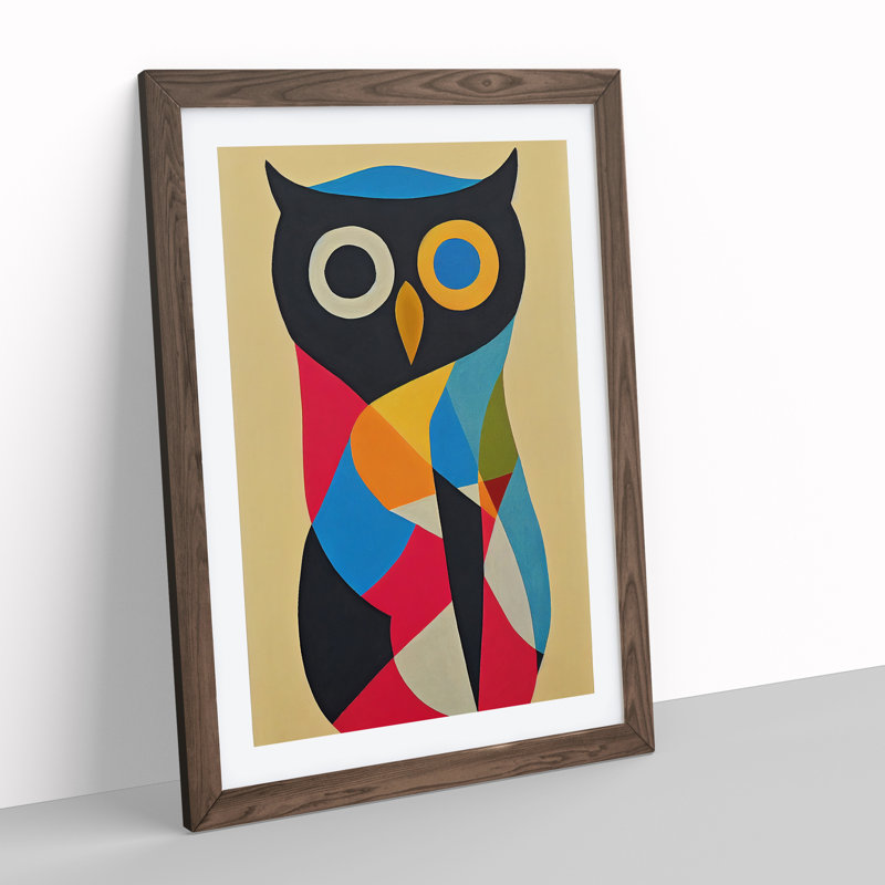 Colourful Abstract Owl No.3 - Single Picture Frame Print, Walnut, 46cm H x 34cm W x 2cm D