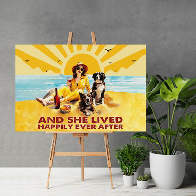 Sur la plage - "She Lived Happily Ever After", toile tendue avec châssis - Illustration naturelle, jaune et bleu