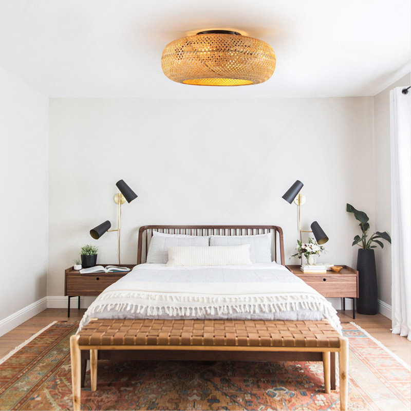Ventilateur de plafond 19 po en rotin avec 4 ampoules, à intensité variable, télécommande, 7 pales, moteur à courant continu réversible