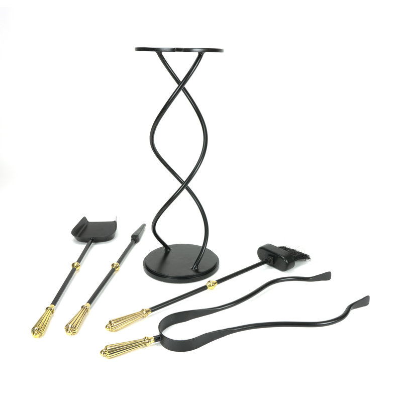 Steel Fireplace Tool Set, Matt Black/Gold