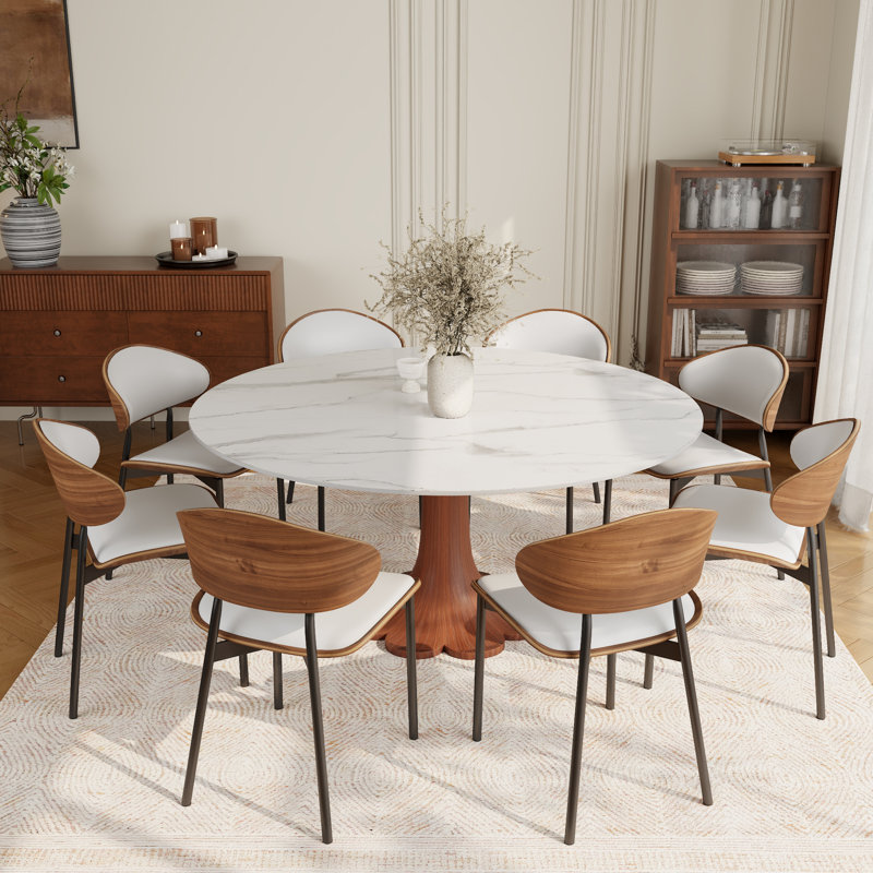 Ensemble de salle à manger de style Mid-Century 2-8 places avec chaises de salle à manger rembourrées en cuir, 9, Blanc