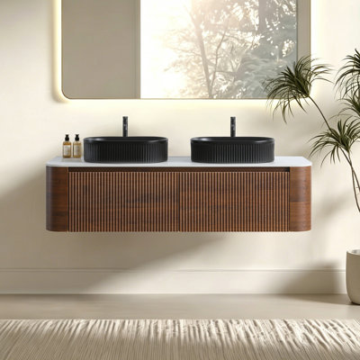 Meuble-lavabo de 60 po avec lavabo, armoire murale avec porte-serviettes gratuit, conception de deux lavabos en céramique rayés ovales noirs, sans drain et robinet, pré-assemblé
