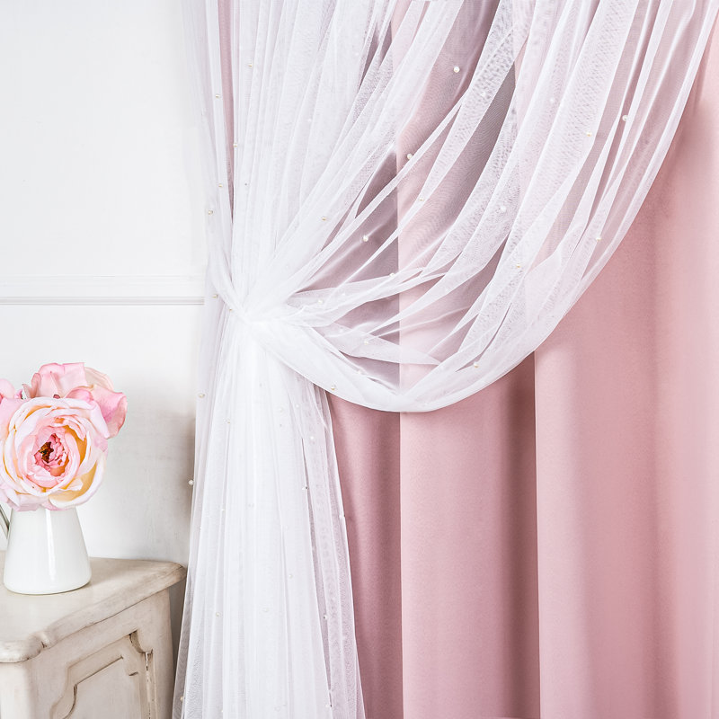 Pearl Beaded Tulle Overlay Room Darkening Grommet Curtains (Set Of 2), 52" W x 96" L , Dusty Pink