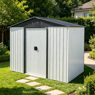 Outdoor Storage Shed 8 X 12 FT Large Metal Tool Sheds, Heavy Duty Storage House With Sliding Doors With Air Vent For Backyard Patio Lawn To Store Bikes, Tools, Lawnmowers Grey