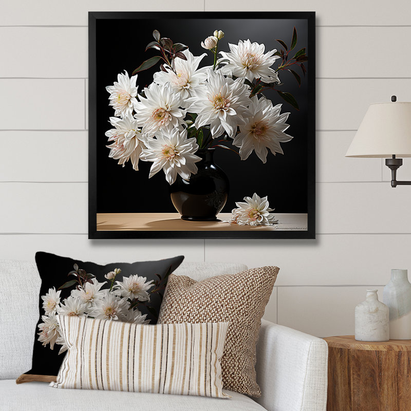 Reproduction d'art sur toile, "Chrysanthèmes noir et blanc", Cadre simple noir, H 24 po x l 24 po x P 1 po