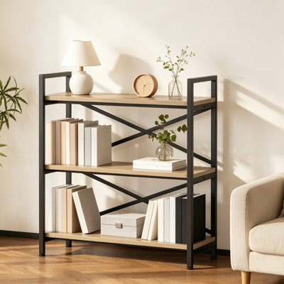 Three Tier Bookshelf, Wood and Metal Etagere Bookcase, Vintage Farmhouse Modern Open Storage Shelf for Living Room, Bedroom, Office, Home Library