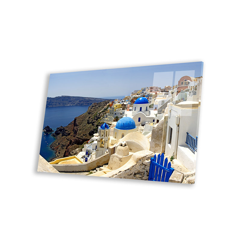 Vue d'angle élevé d'une église, Oia, Santorini, Cyclades, Grèce, impression sur verre acrylique