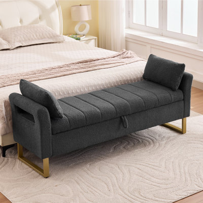 66"W Upholstered Flip Top Teddy Storage Bench King Size with Gold Legs,Curverd Armrest and 2 Pillows 
