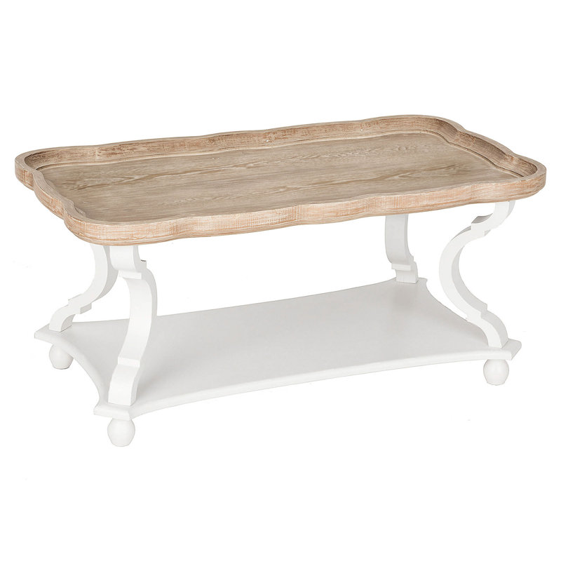 COZAYH Rustic Farmhouse Coffee Table w/ Tray Top & Storage Shelf, Natural/White, White/Natural Wood
