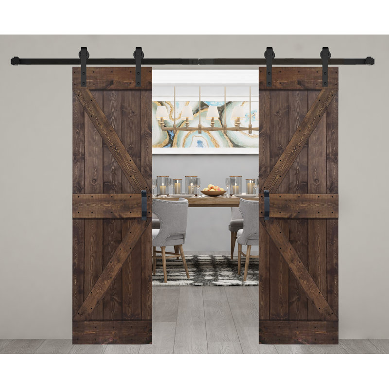 Porte de grange coulissante double en bois massif de style K avec ensemble de quincaillerie - Assemblage requis, Café Kona