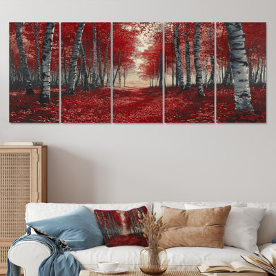 «Red Birch Trees Forest Path Panorama II», ensemble d'art sur toile