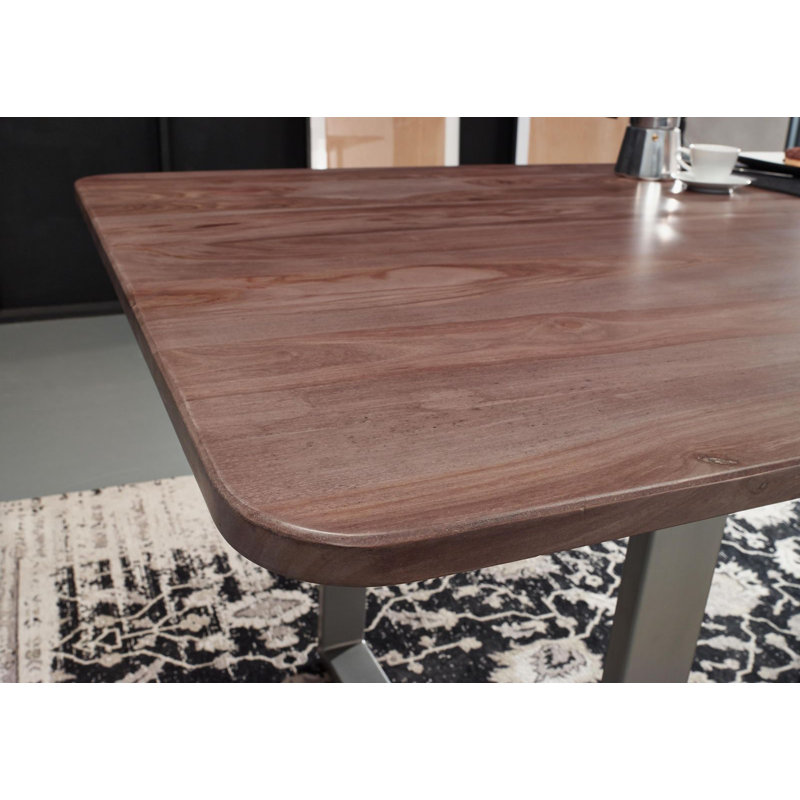 Sydney Solid Wood Top Metal Base Dining Table, Silver, Brown, 76cm H x 177cm L x 90cm W