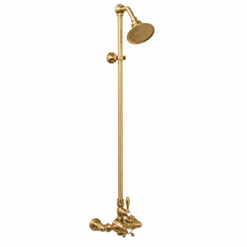 Exposed Thermostatic Shower System (P1022) by Strom Living, Unlacquered Satin Brass