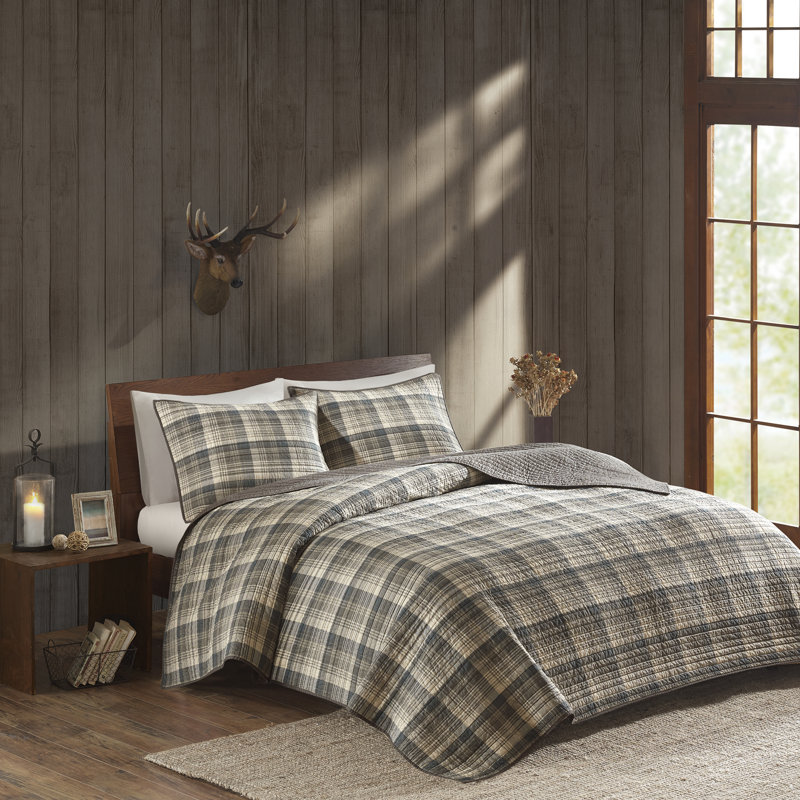 Tan and Brown Plaid Reversible Cotton Full Quilt Set