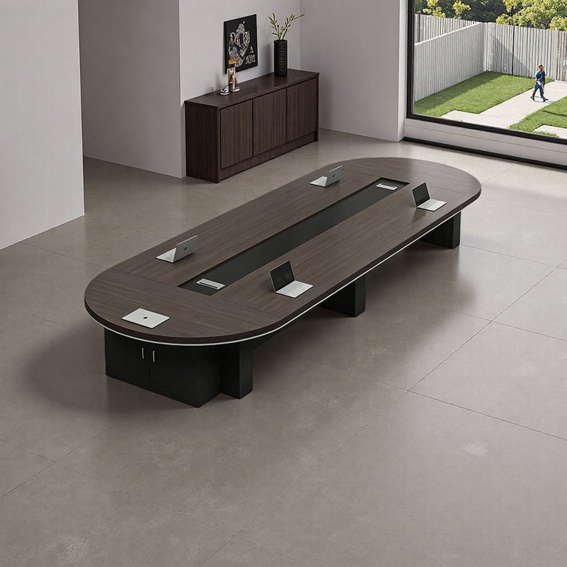 Table de conférence de luxe moderne avec rangement, H 29,52 po x L 157,48 po x l 59,05 po, Noyer foncé