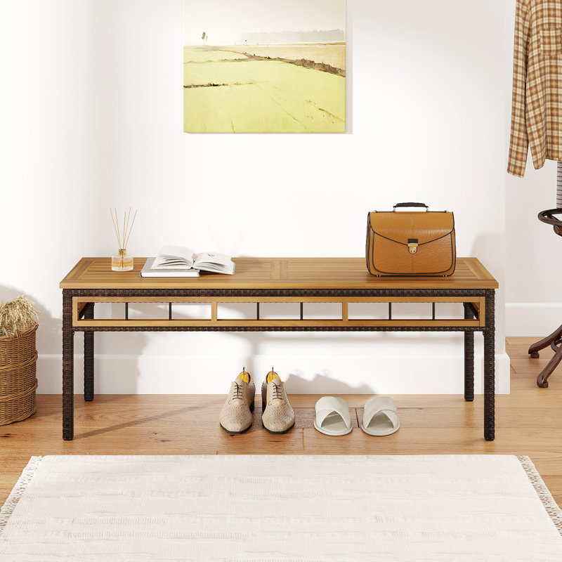 Banc de patio en osier 48 po avec siège en bois d'acacia et coussin rembourré amovible pour le jardin