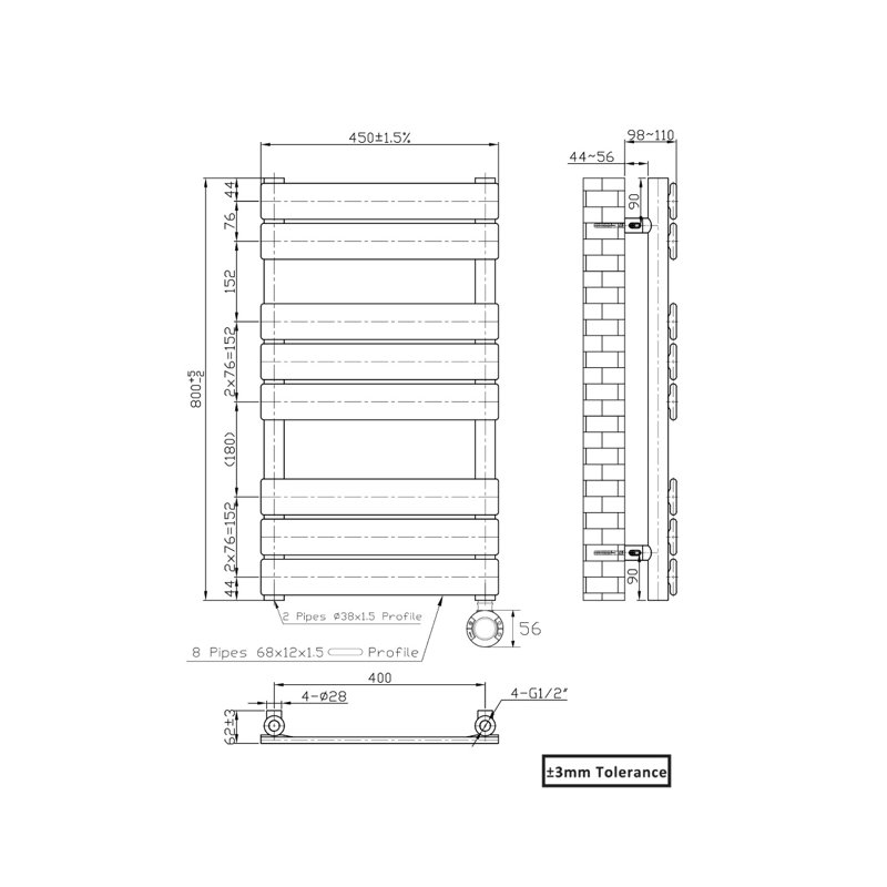 Flat Panel Towel Rail Heated Towel Rails, Anthracite, 80cm H x 45cm W x 6.2cm D
