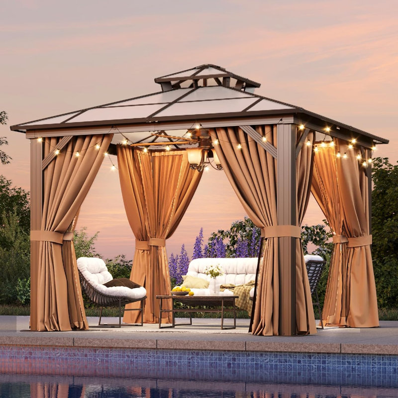 Pavillon de jardin 10 'x 10' à toit rigide, pavillon de jardin extérieur en métal avec double pavillon en polycarbonate