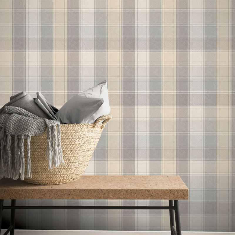  Country Tartan Check Plaid Grey Beige Stripe Wallpaper