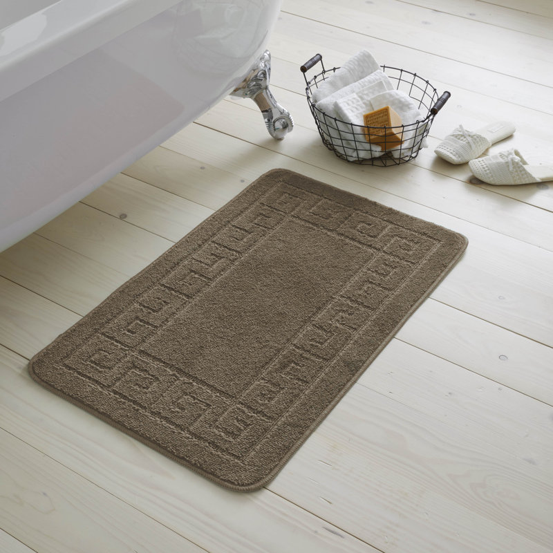 2 Piece Bathroom Rug Set Greek Key Pattern Bath Mat & Pedestal Mat Non Slip Rubber Back Soft Absorbent Mats, Mocha