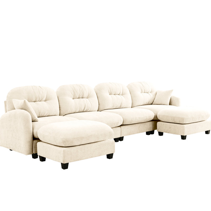 Canapé d'angle modulaire 4 places, tissu chenille doux, mousse haute densité ergonomique, élégant, convient aux chambres et salons, coussins beiges.