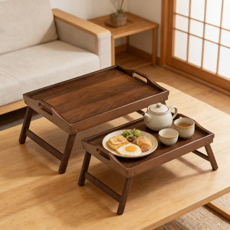Table de lit en bambou avec pieds pliables, paquet de 2 multi-surfaces avec poignées et support pour téléphone pour le petit déjeuner, ordinateur portable, lecture