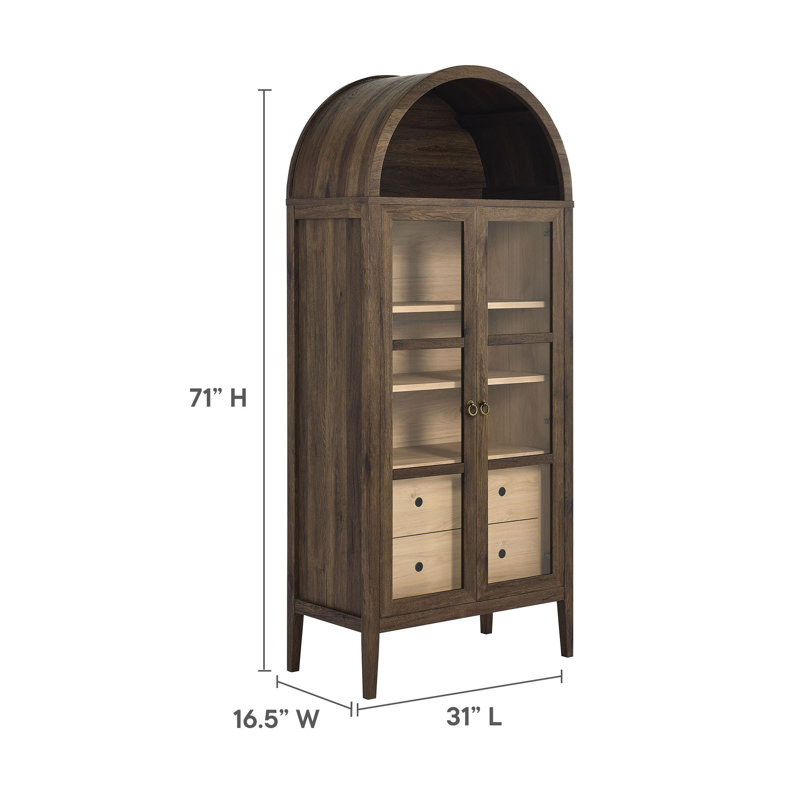 Nolan Walnut Hickory Arched Storage Display Cabinet with Glass Doors