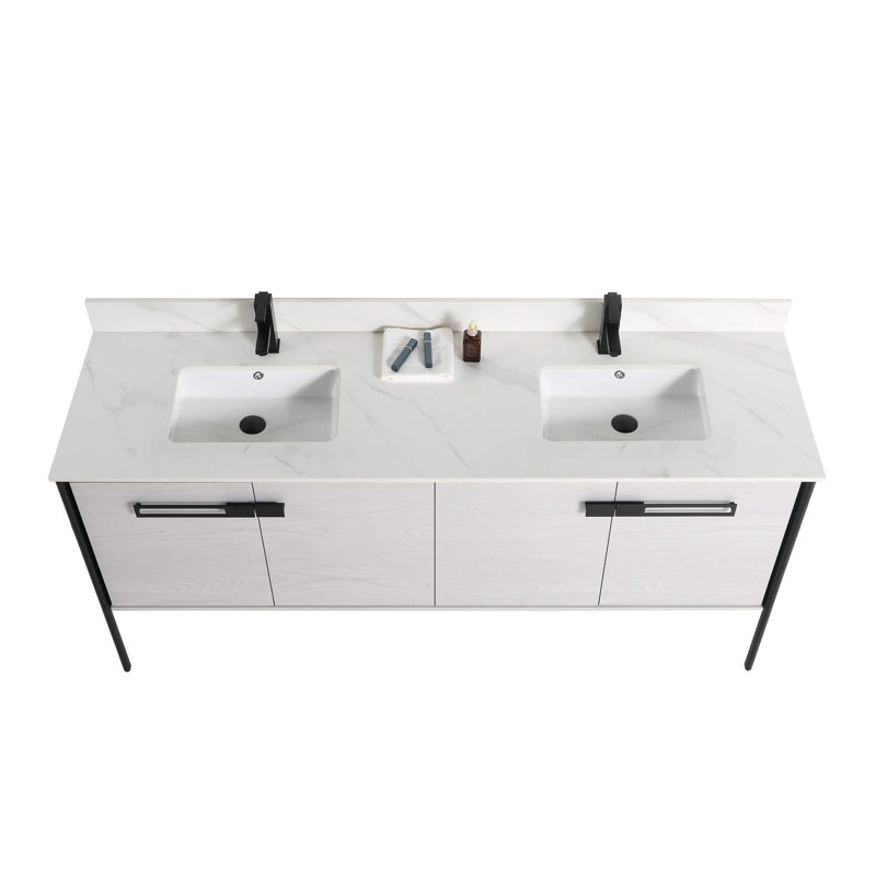 Meuble-lavabo double 72 po, Noir mat, Chêne gris doux