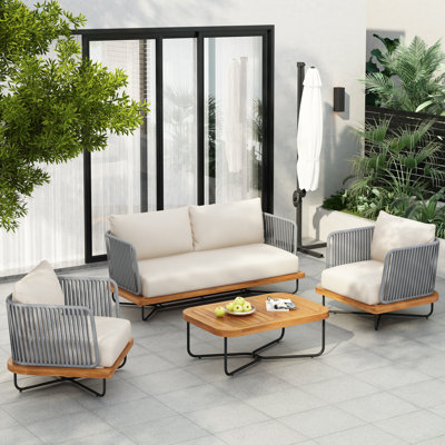 Olita Outdoor 4-Pieces Acacia Wood Rope Woven Conversation Set by Ebern Designs
