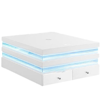 Lesi Cocktail Table, 39 Inch Glass Top, 2 Drawers, LED Glam White