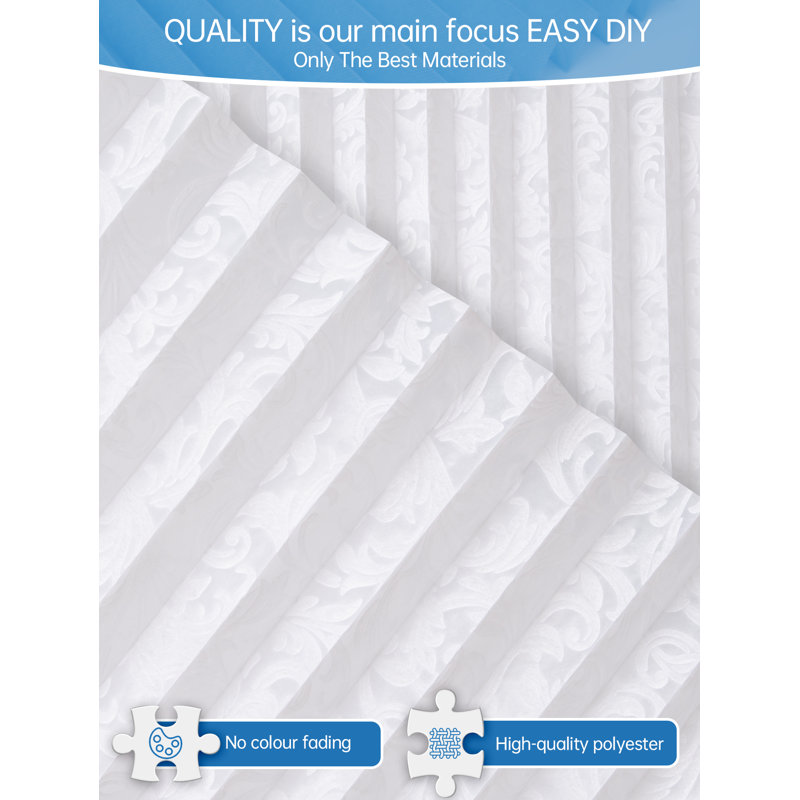 White Emboss Designed Cordless Pleated Paper Shades With Printed Flower Pattern, 35" W x 71" L