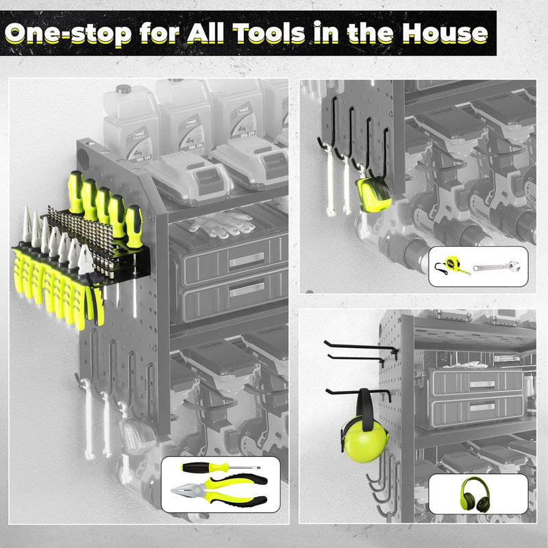 Organisateur d'outils robuste pour fixation murale - 8 porte-perceuses, 2 panneaux perforés, tablette à outils, Noir