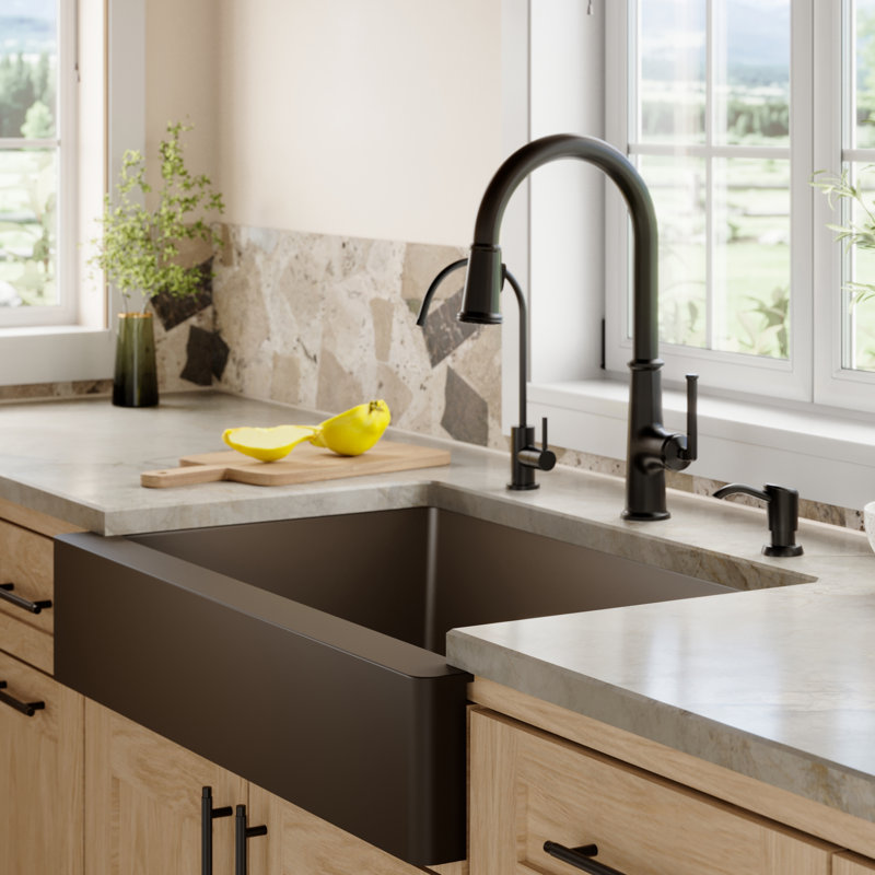 Ensemble d'évier de cuisine à double cuve à tablier frontal 60/40 Karran Quartz 34 "X 21-1 / 4", Brun