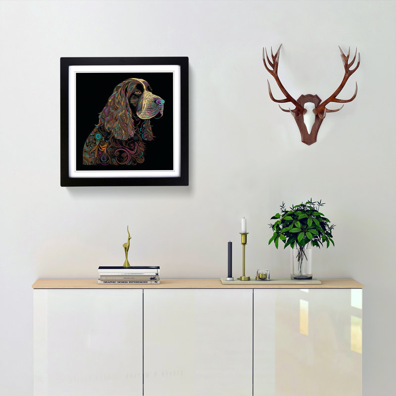 Cocker Spaniel Paisley Art - Single Picture Frame Print on Wood, Black