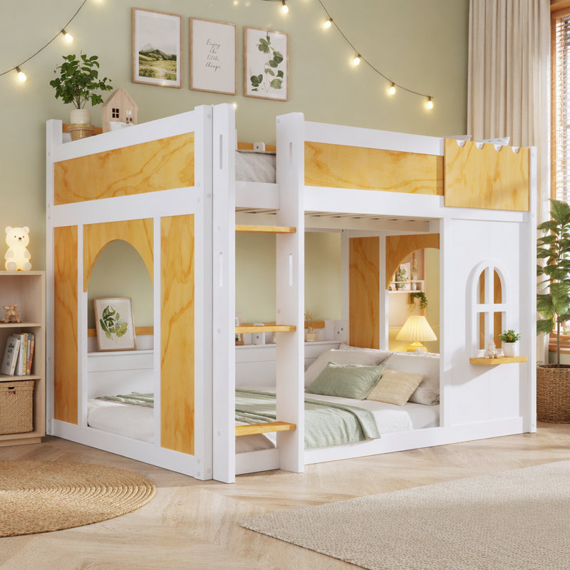Lit superposé double au-dessus de double avec tablettes de rangement, fenêtre et deux portes, blanc et naturel